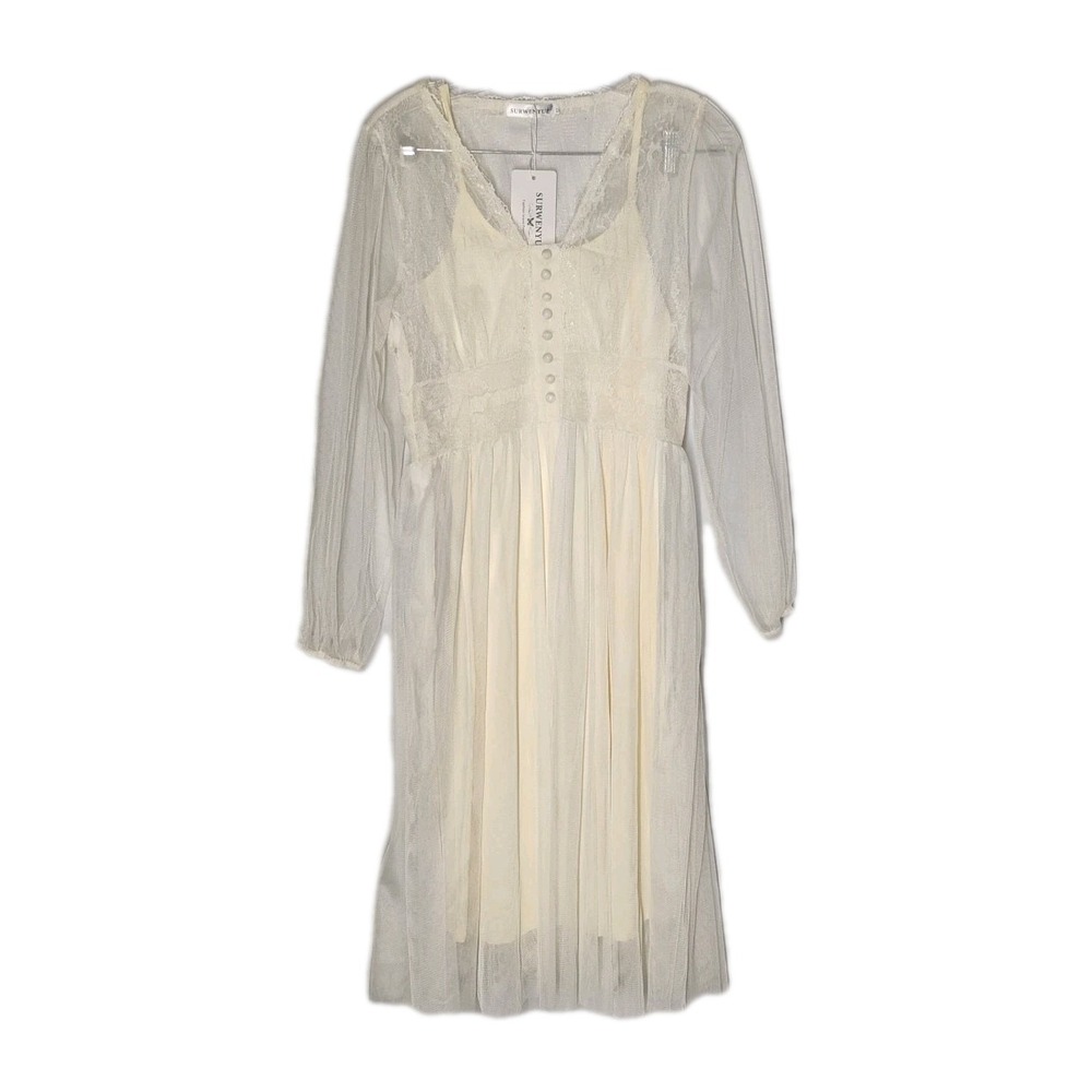 NWT Surwenyue 2pc Womens SMALL Ivory Sheer Slip Dress Wedding Summer